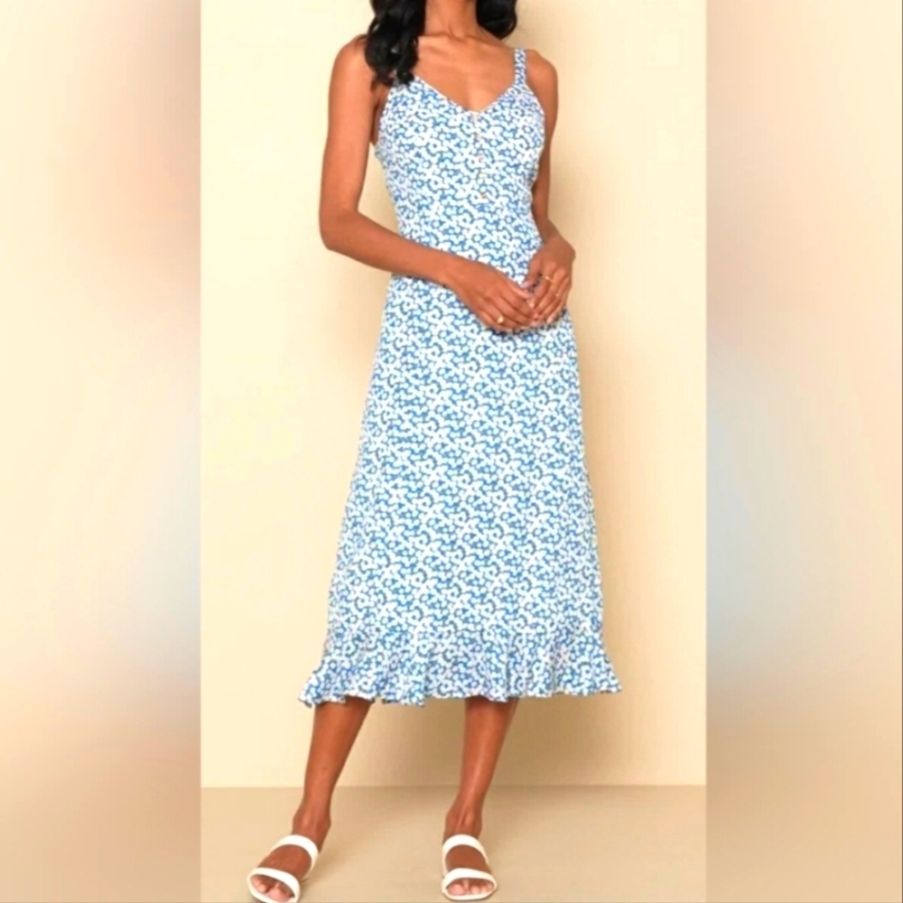 Lulu's Blue and White Ruffled Midi Sundress SIZE:L